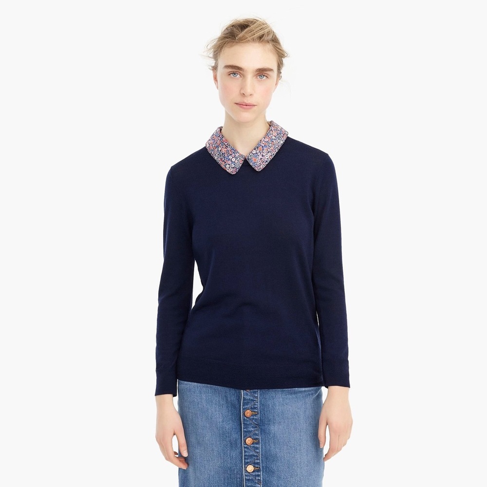 J.Crew Navy Tippi Sweater with Liberty Print Collar